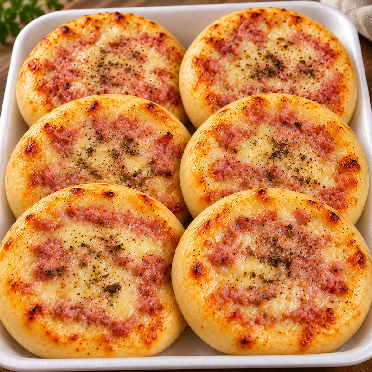 Esfirras abertas de queijo e presunto em close